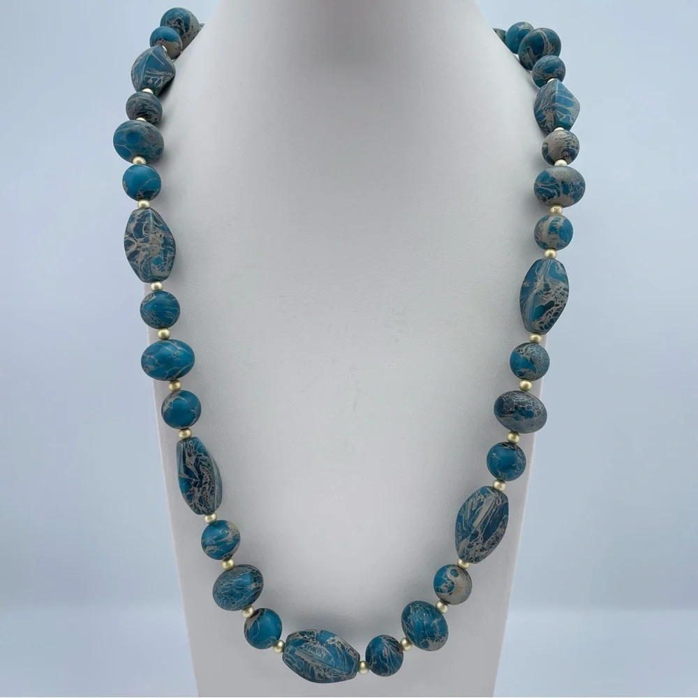 Gorgeous Blue Marbled Lucite Bead Necklace 30” Long Gold Tone Spacer Beads